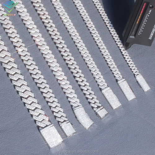 2-row Cuban link chain with sparkling moissanite, white gold tone, close-up