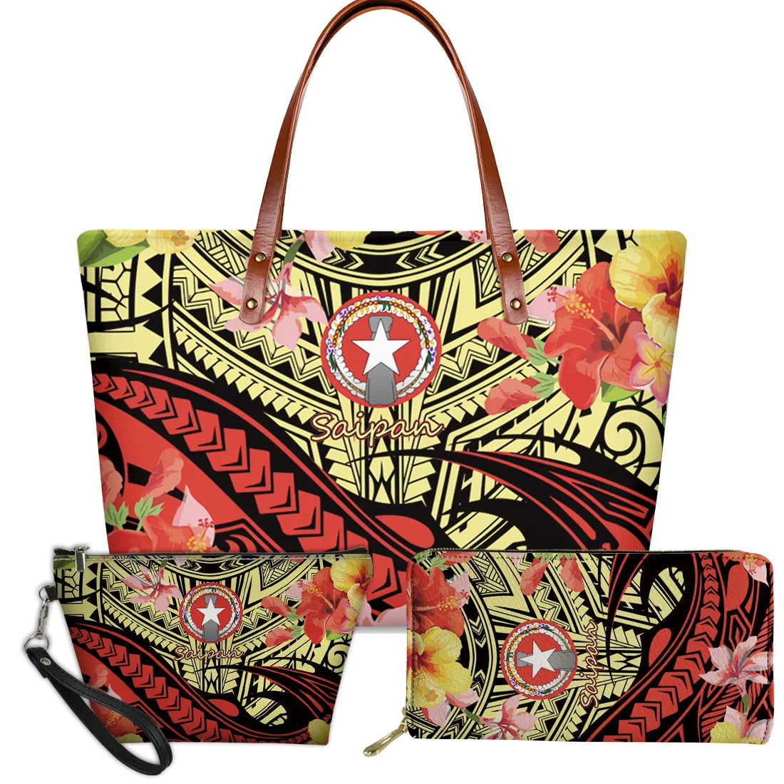 3pc Saipan tribal turtle floral handbag set with brown leather handles and traditional Polynesian patterned print.