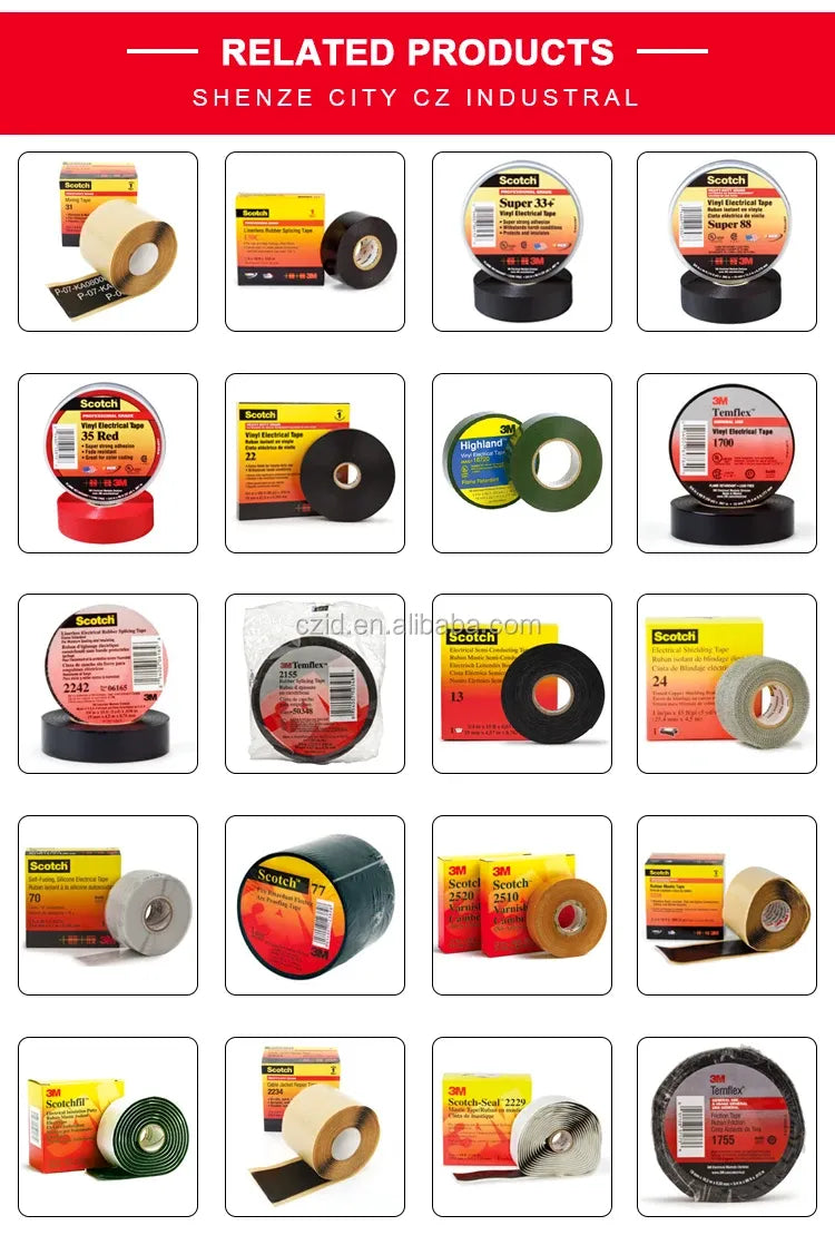Assorted electrical tape product photos with labeled tape rolls on a poster