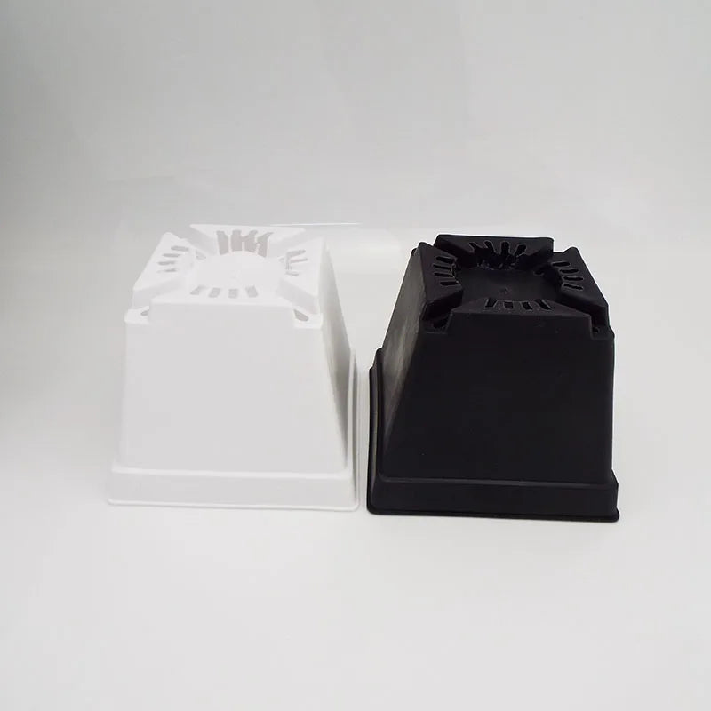 Mini square plastic flower pot set, white and black nursery planters with ridged base