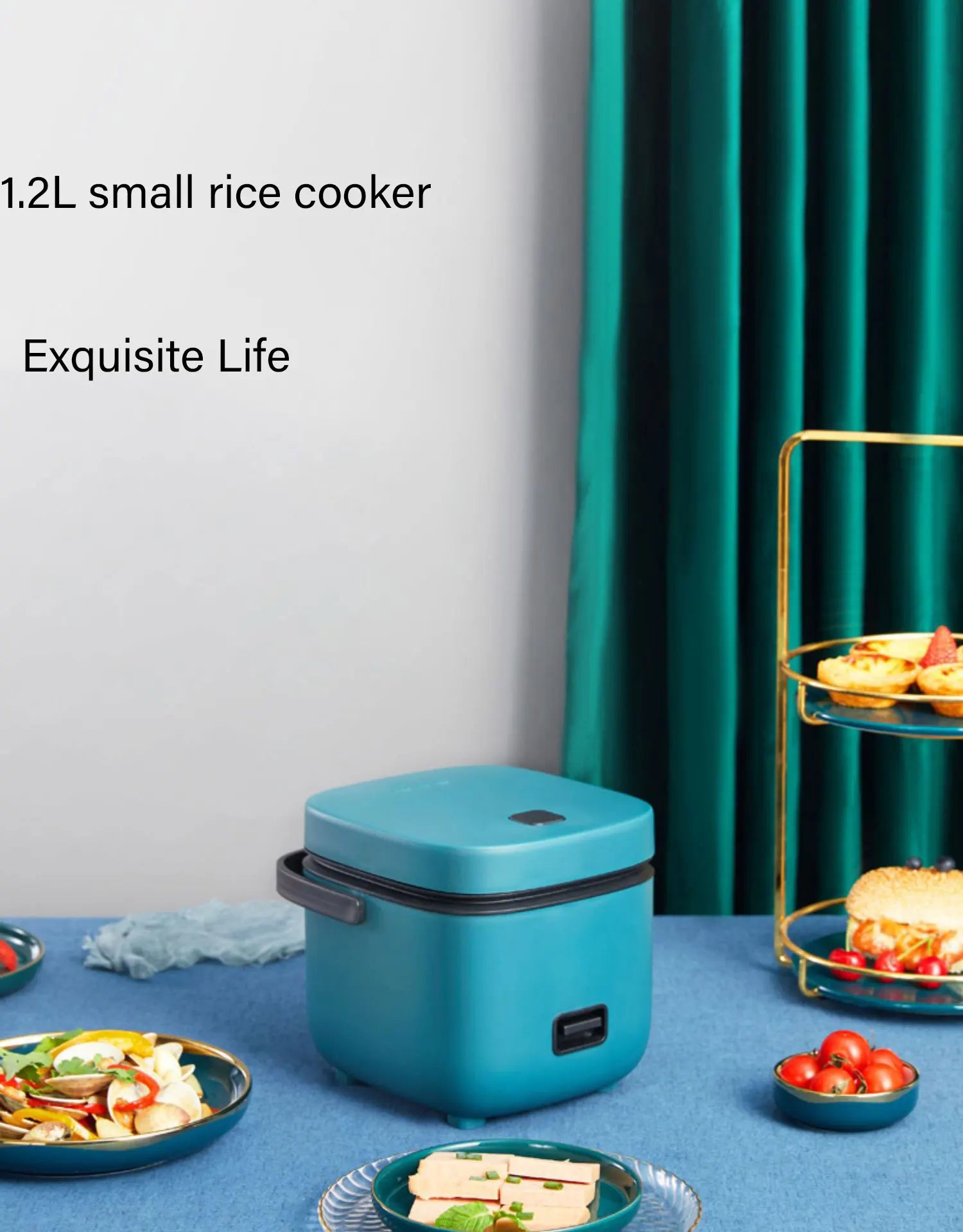 Mini electric rice cooker teal body with compact lid, shown for 1.2L small capacity.