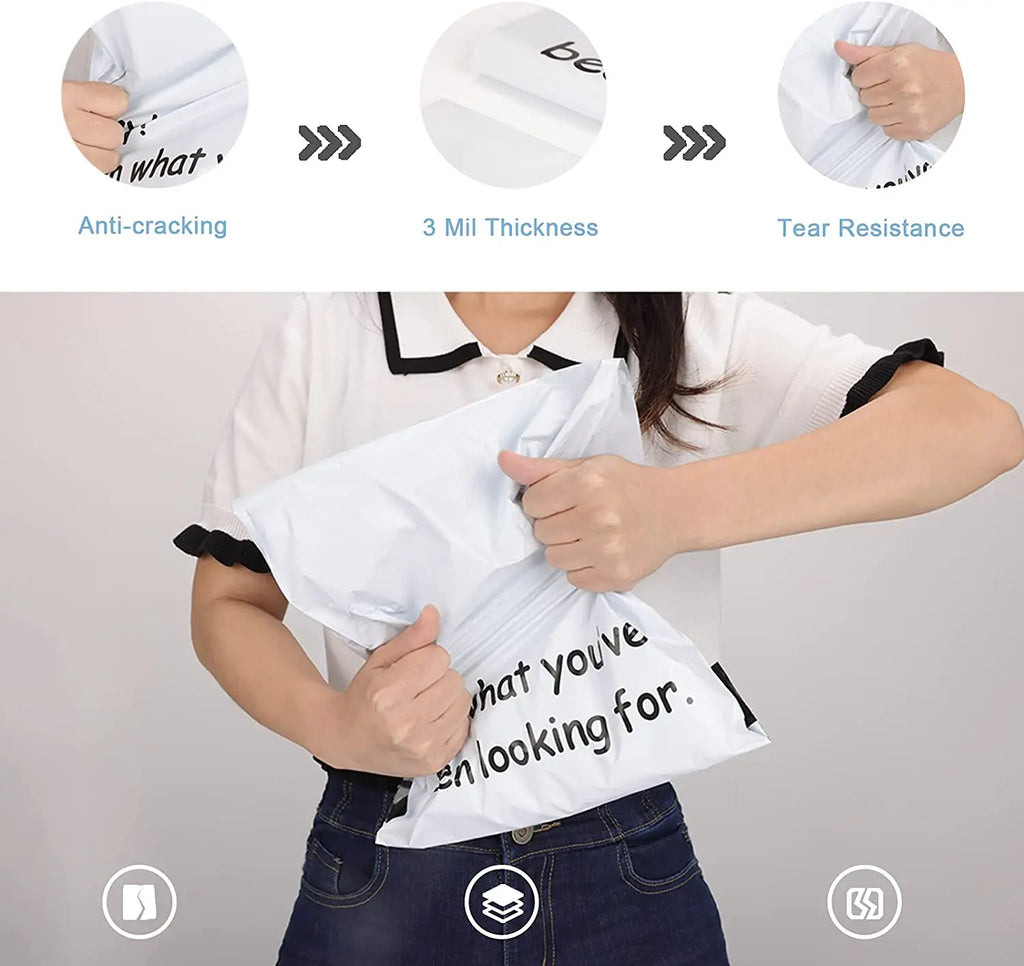White plastic poly mailer bag with "what you’ve been looking for" print and handle