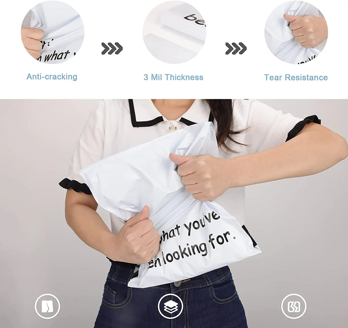 White plastic poly mailer bag with "what you’ve been looking for" print and handle