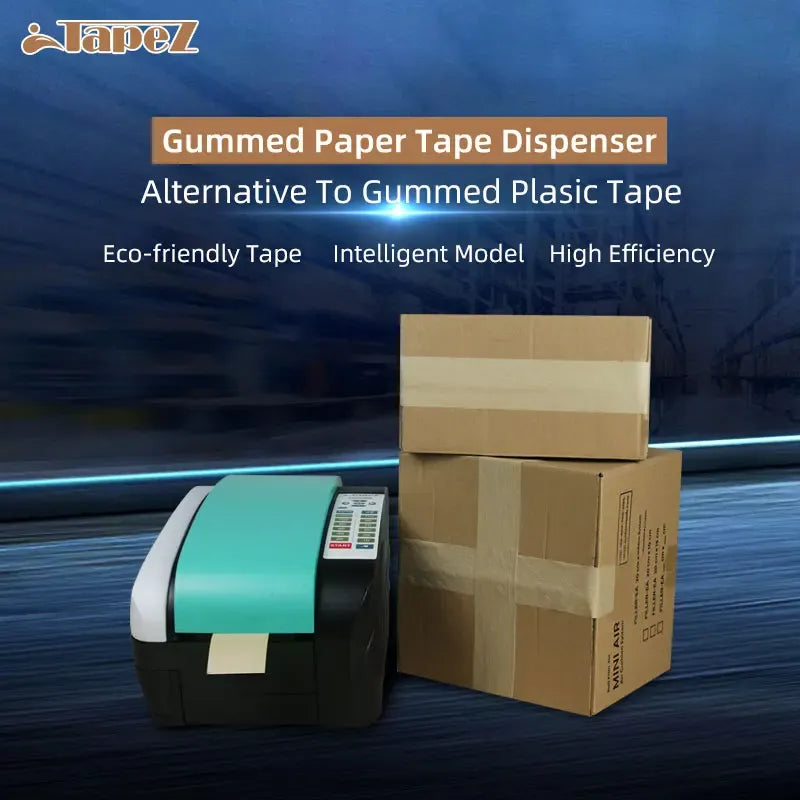Gummed paper tape dispenser with teal tape roll beside stacked shipping boxes