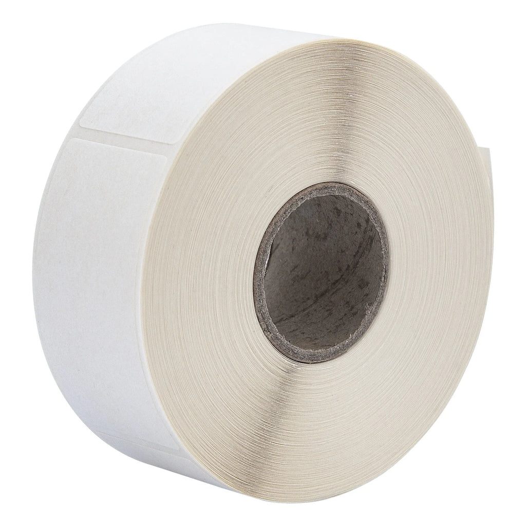 Close-up of white water-soluble label roll with blank label backing