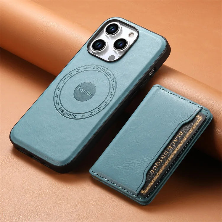 Denior | PU Leather Magnetic Attraction Phone Case for iPhone 16/15/14/13/12 Series & Card Bag(3 Card Slots) Blue OPP Bag Tidesmit