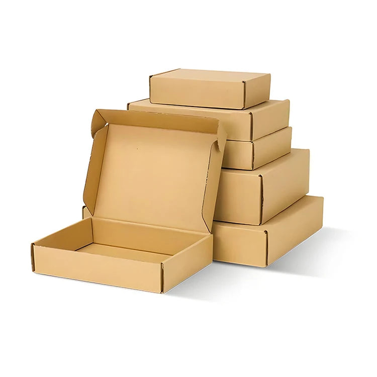 Stacked brown corrugated cardboard shipping boxes, one front panel open