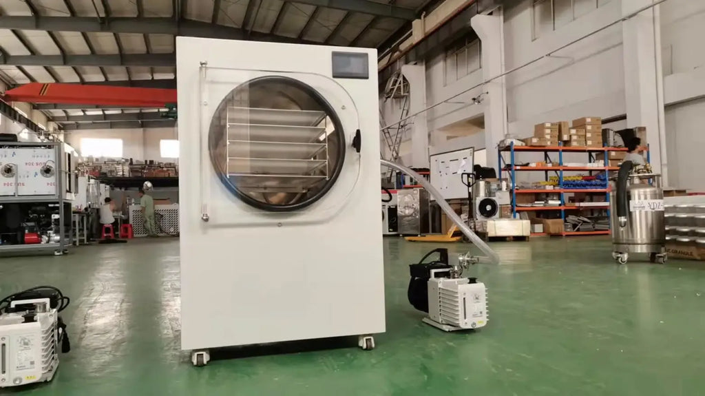Industrial machine cabinet with large circular door window and top display panel