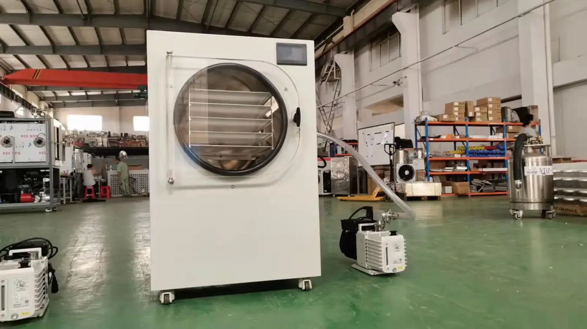 Industrial machine cabinet with large circular door window and top display panel