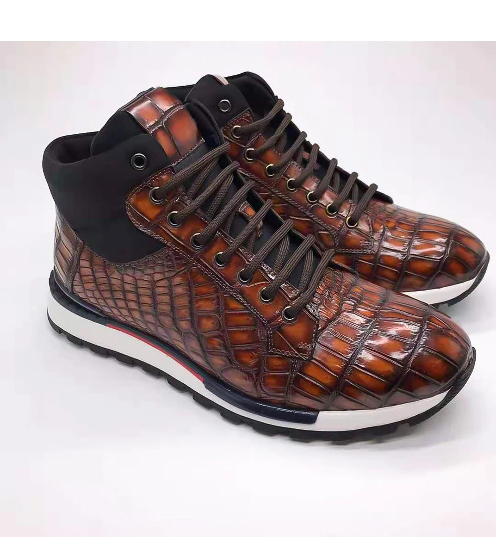 Goodyear Men's Trendy Branded Genuine Crocodile Leather Ankle Boots Men Handmade Casual Designer Party Men's Sneaker Shoes