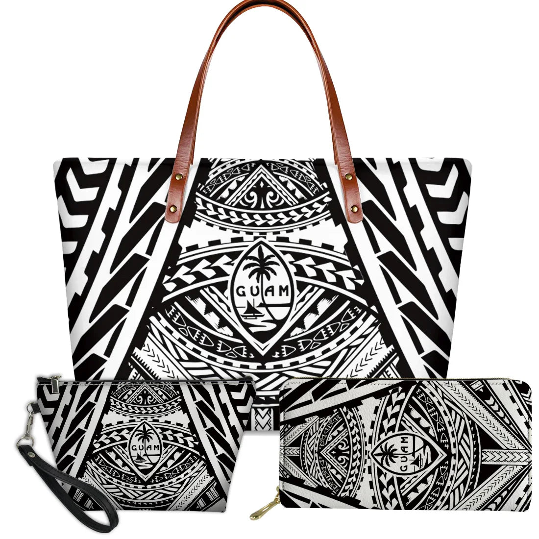 3-piece handbag set with black and white traditional Guam tribal pattern, brown leather straps, and palm tree emblem.