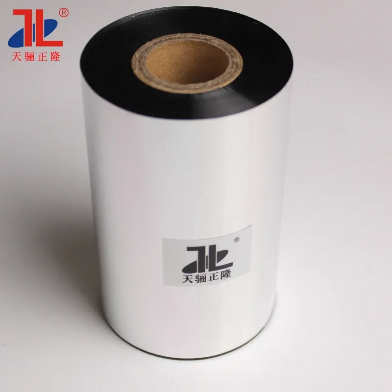 White-labeled thermal transfer ribbon roll with black outer film