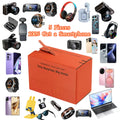 Orange cardboard gift box surrounded by various electronics including smartphones, cameras, smartwatches, and