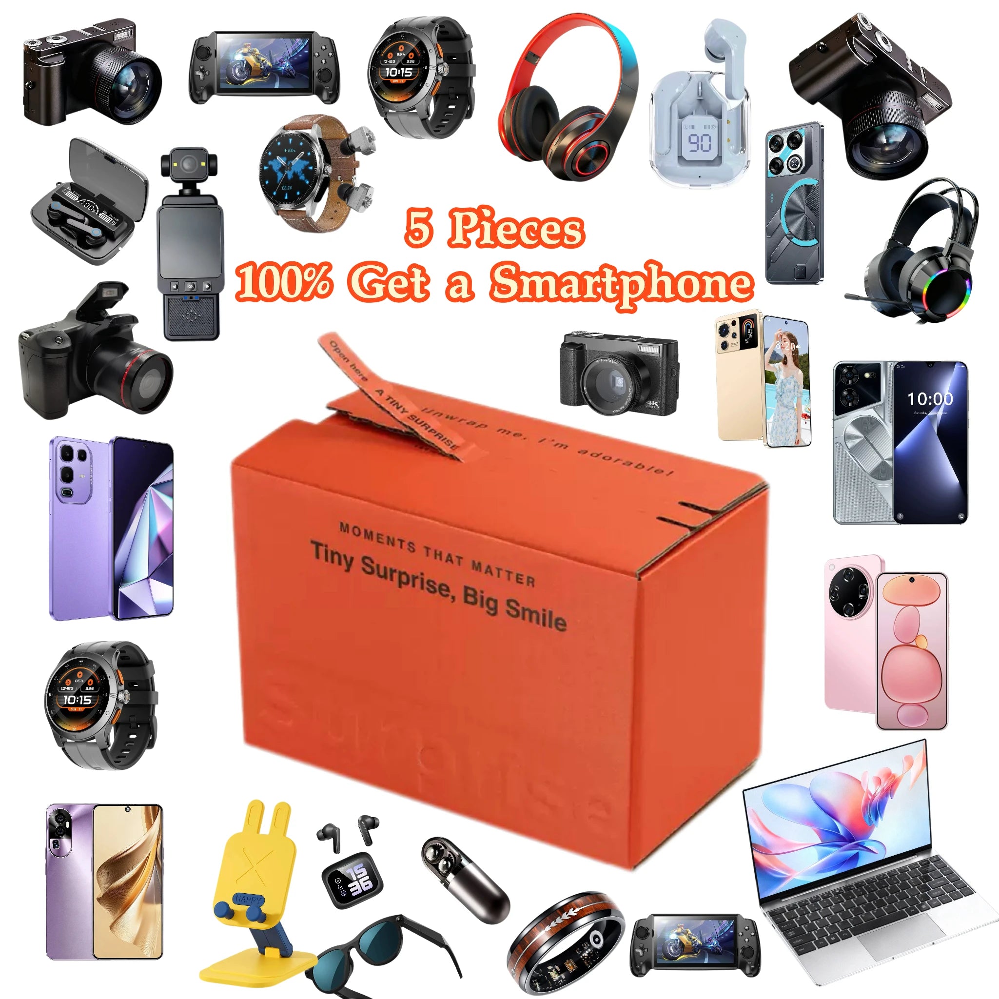 Orange cardboard gift box surrounded by various electronics including smartphones, cameras, smartwatches, and