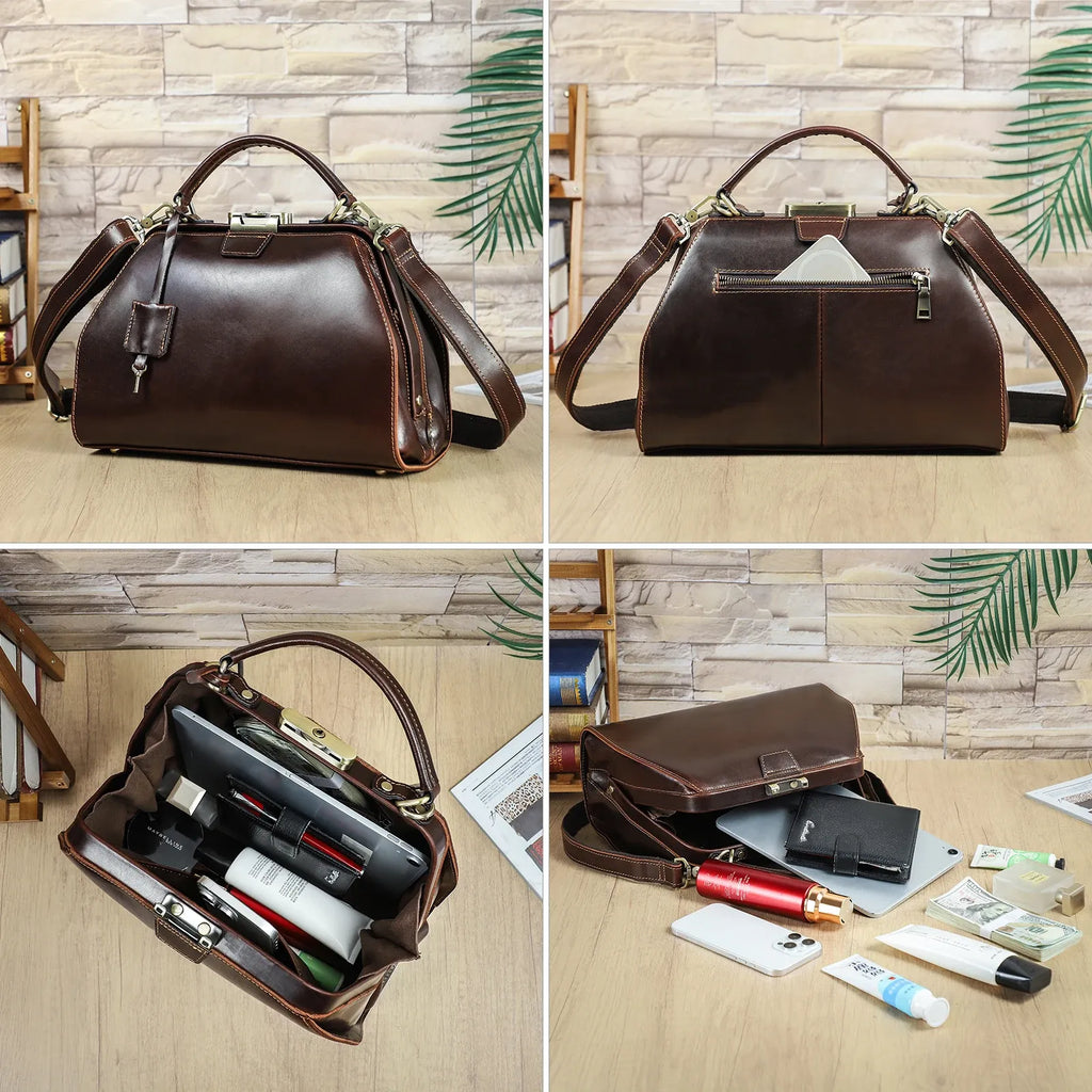 Dark brown full-grain leather vintage doctor satchel with lock, crossbody strap, and iPad-compatible interior.