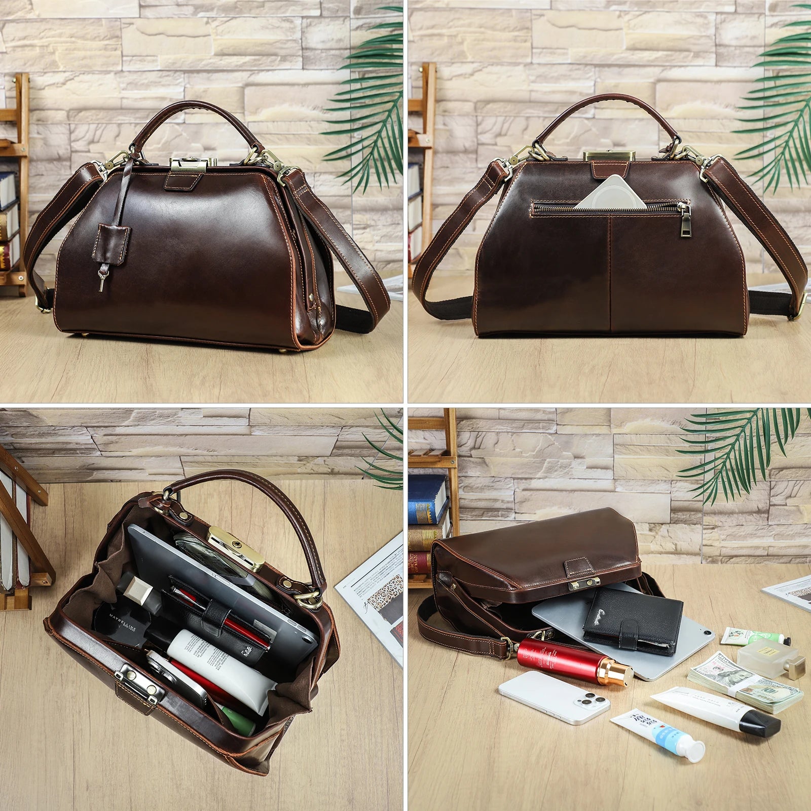 Dark brown full-grain leather vintage doctor satchel with lock, crossbody strap, and iPad-compatible interior.