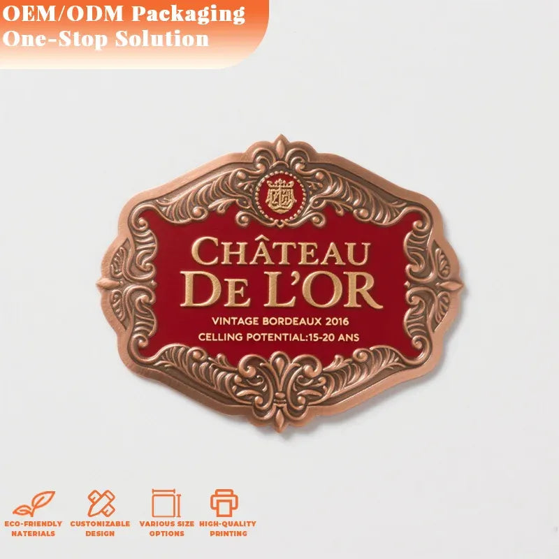 Embossed gold and red metal perfume label sticker with ornate vintage frame