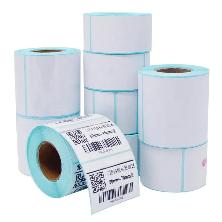 Waterproof barcode label roll, white with teal border and printed QR/barcodes