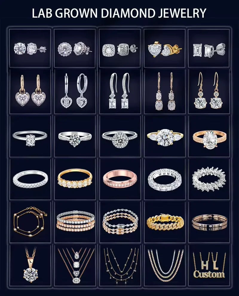 Assorted lab grown diamond jewelry set in a grid, including rings, earrings, and necklaces