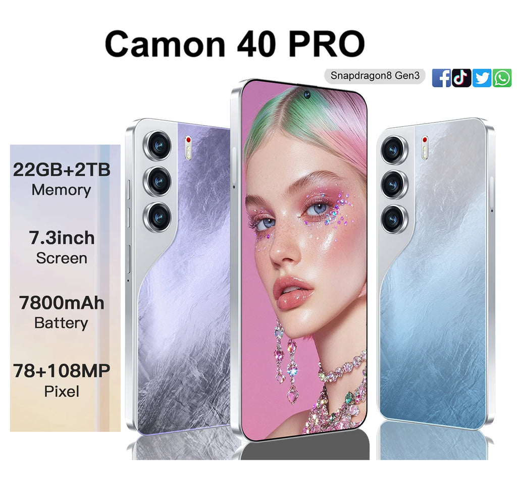 Tidesmit 2025 Camon 40 Pro 5G gaming smartphone with 22GB RAM 2TB storage and 7.3 inch HD display