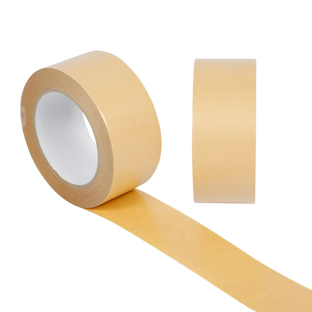 Tan kraft paper tape roll with a separate adhesive strip shown extended