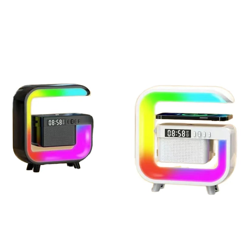 G-Shape 3-in-1 Fast Wireless Charger and Speaker RGB Atmosphere LED Lamp with Clock Multifunctional RGB Wireless Speaker Tidesmit