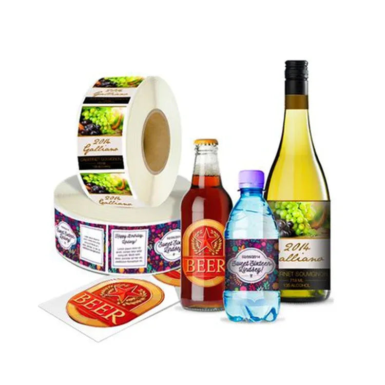 Roll of printed sticker labels with food and drink artwork, plus label sheets