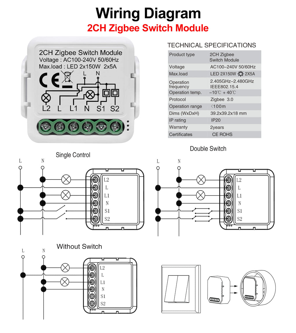 GIRIER Tuya ZigBee 3.0 Switch Module 10A Smart Home DIY Breaker 1 2 3 4 Gang Supports 2 Way Control Works with Alexa Google Home