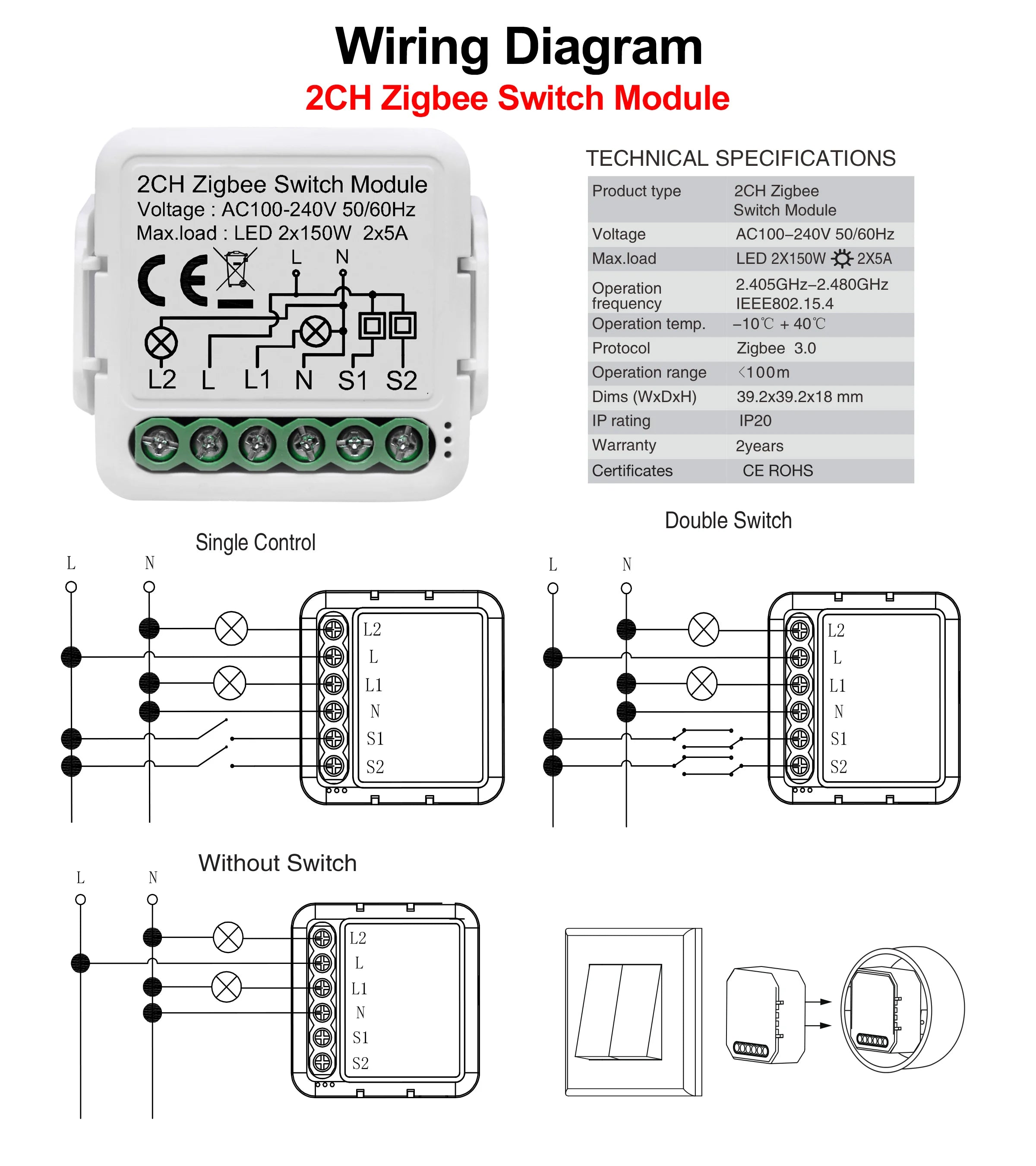 GIRIER Tuya ZigBee 3.0 Switch Module 10A Smart Home DIY Breaker 1 2 3 4 Gang Supports 2 Way Control Works with Alexa Google Home