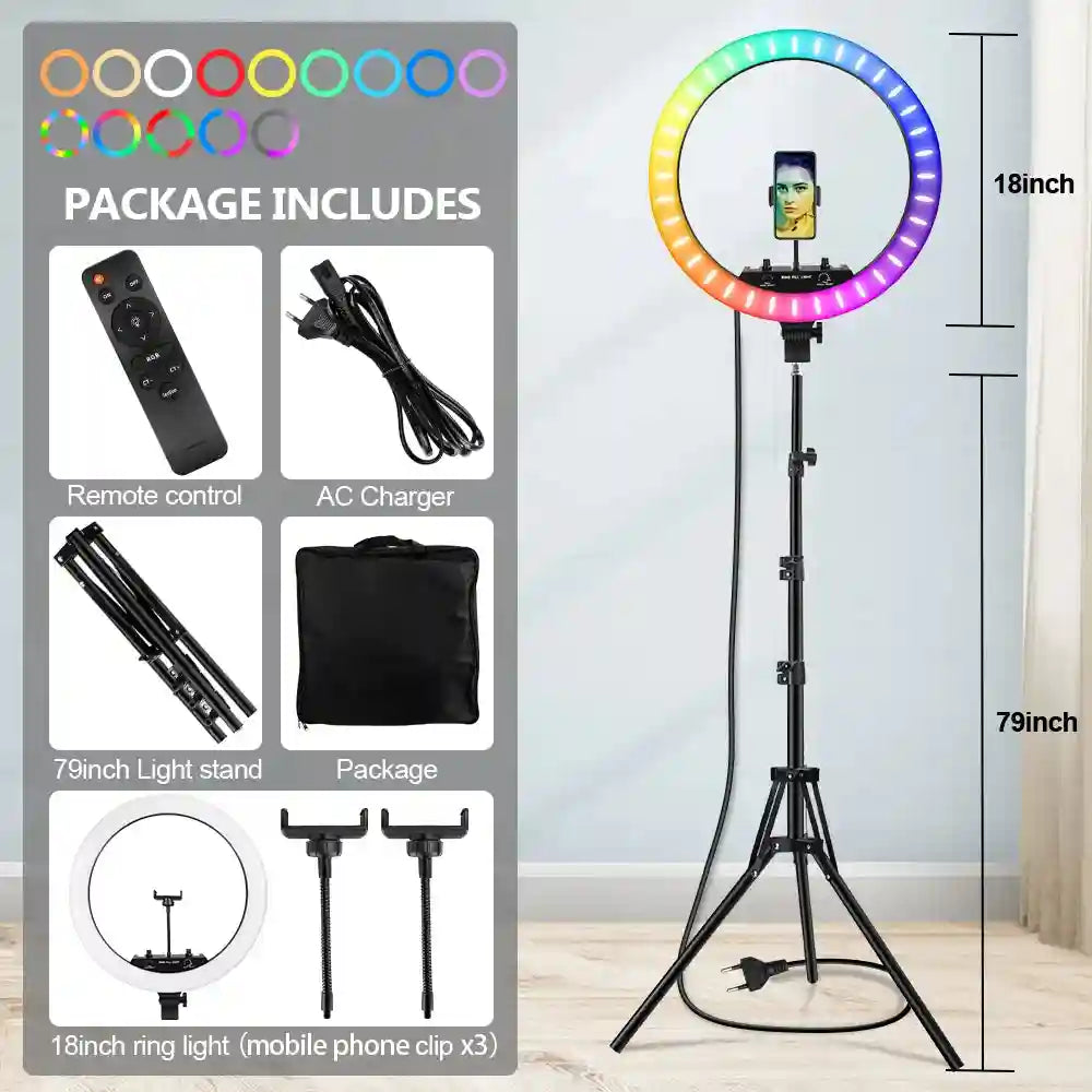 18 Inch RGB Ring Light with Tripod Stand - Professional LED Lighting 200cm Stand Tidesmit