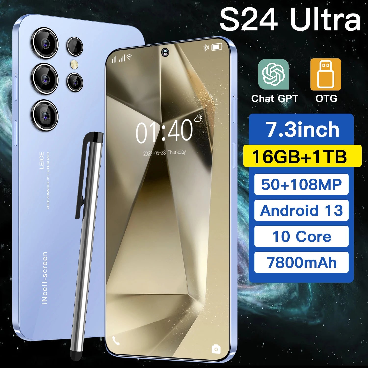 Tidesmit S24 Ultra 5G smartphone with 108MP camera and 7.3 inch display in sleek metallic finish