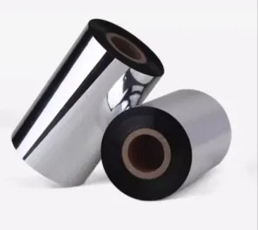 Black and gray label transfer ribbon rolls with winding cores and strips