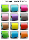 12 color label stock rolls in assorted neon and pastel shades on spools