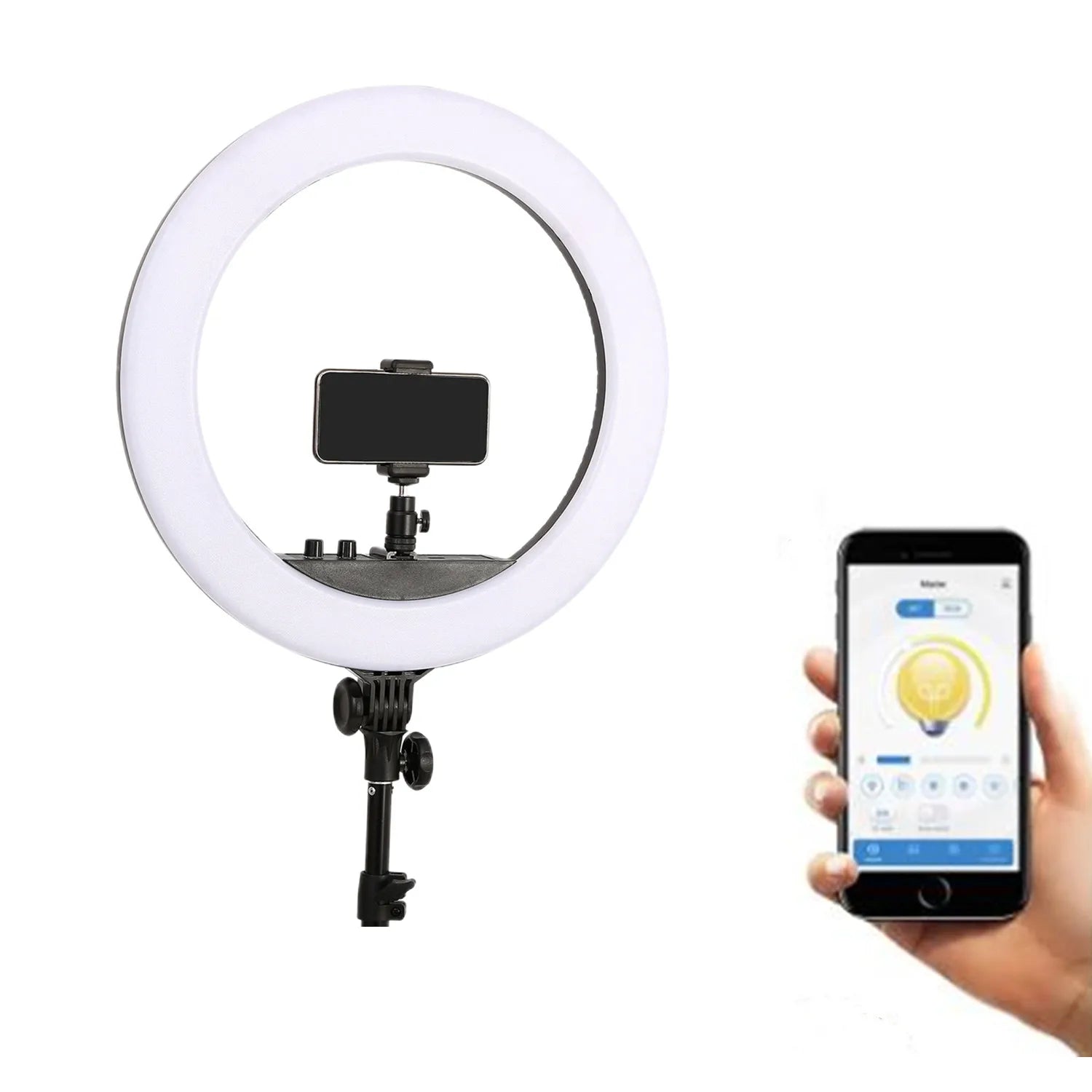 White circular ring light with a center smartphone mount, adjustable stand, and app-controlled lighting settings.