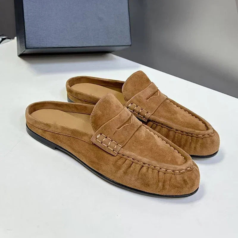 Women's Genuine Leather Loafers Ruched Backless Mules Comfortable Flat Slip-ons Soft Casual Walking Shoes Spring Slides