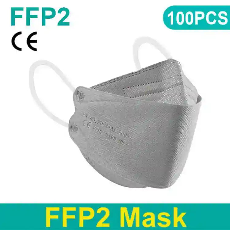 Grey 4-layer FFP2 KN95 face mask with textured fabric, elastic ear loops, and CE certification for dust protection.