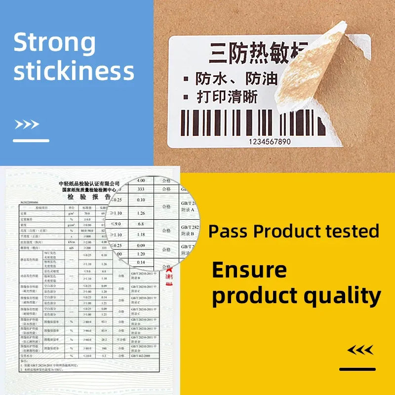 Thermal label sticker with barcode and text on kraft paper backing