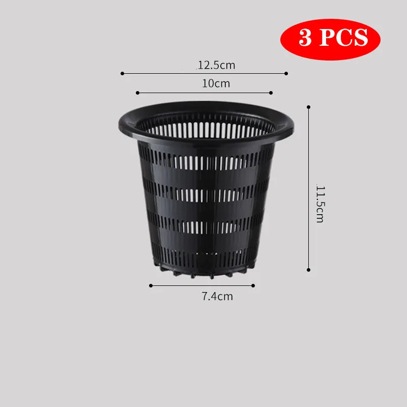 Black plastic mesh hydroponics net cup, 3-pack, 7.4cm wide and 11.1cm tall