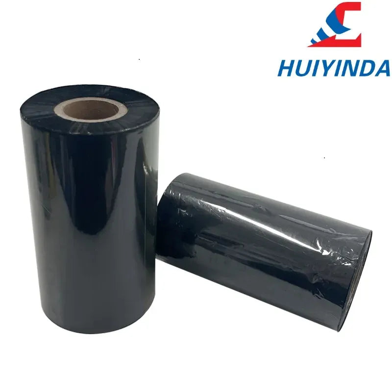 Two black thermal transfer ribbon rolls with shiny film and cardboard cores