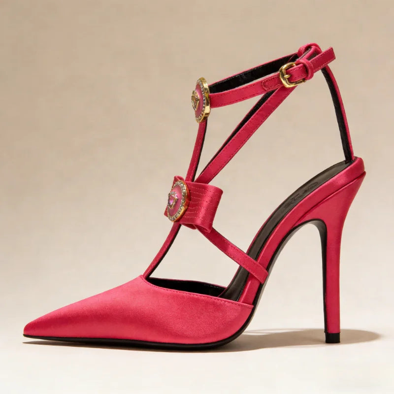 2026 New Women's High Heels Pointed Shallow Mouth Metal Bow Thin Heel Party High-heeled Sandals