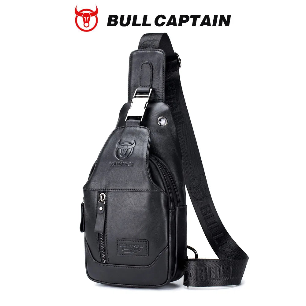 Black genuine leather Bullcaptain sling bag for men with branded shoulder strap, metal buckle, and front zip pocket.