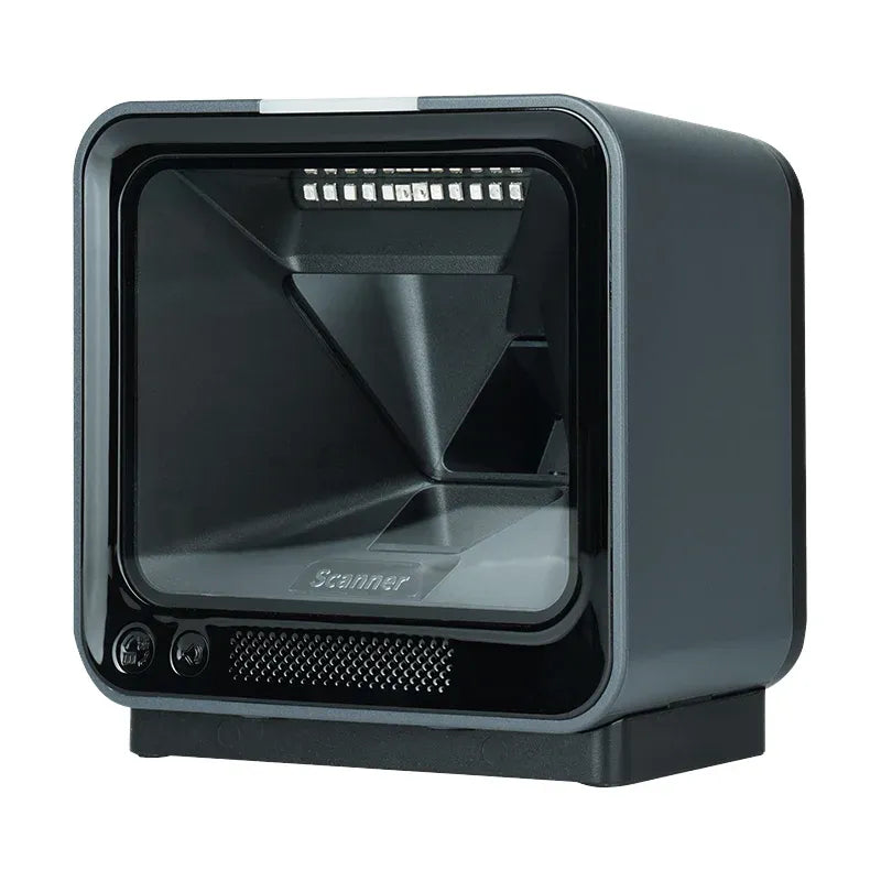 Desktop 2D barcode scanner with square scan window, black plastic housing