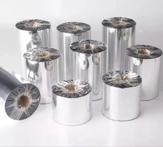 Heat-transfer ribbon rolls with metallic reflective outer coating and wound cores