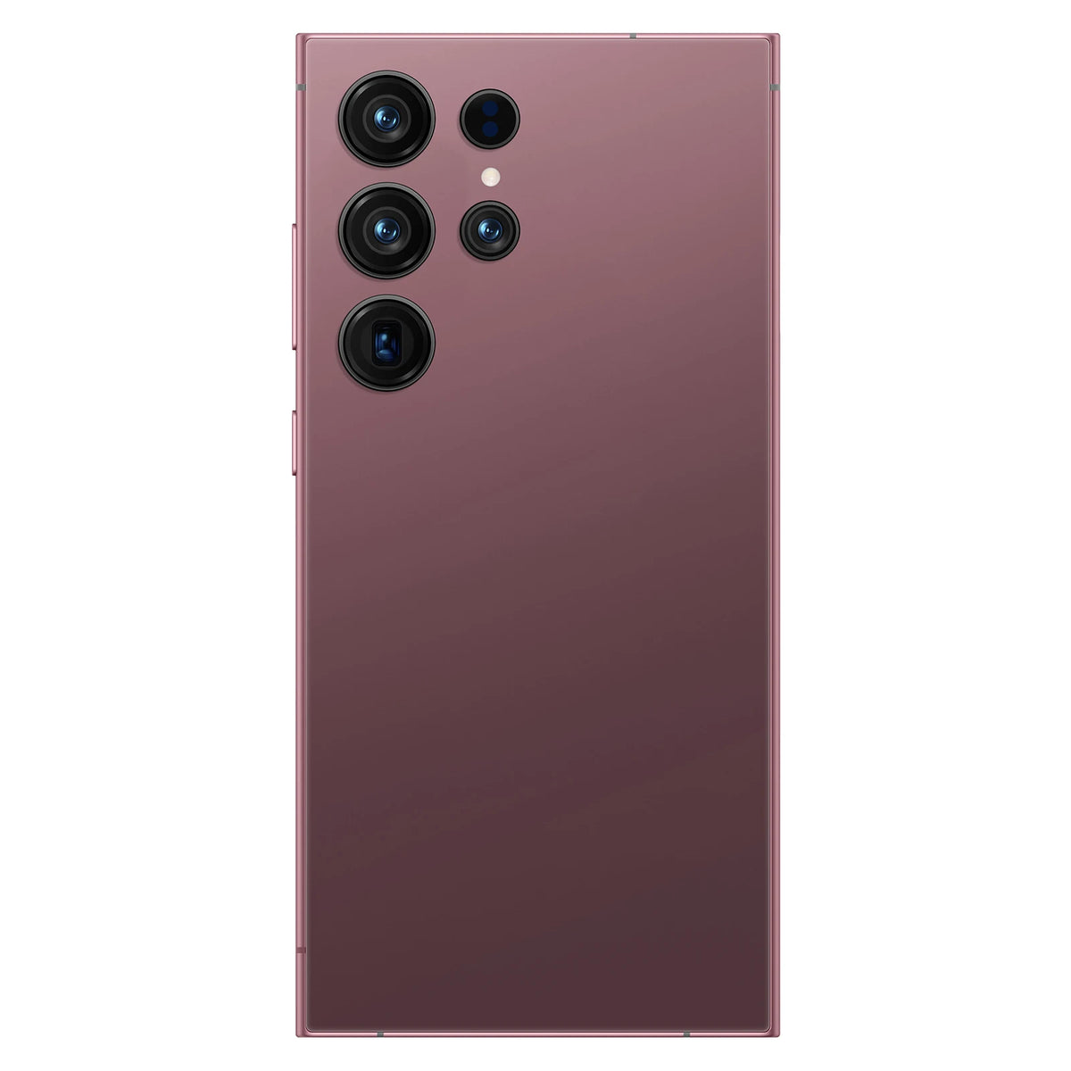 Rose titanium smartphone back with quad rear camera lenses.