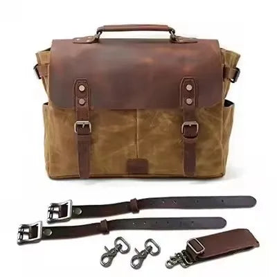 Retro waterproof motorcycle saddle bag in khaki oil wax canvas and brown crazy horse leather with dual buckle straps.