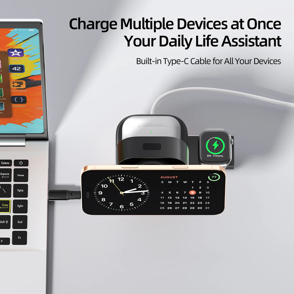 Multifunction Charger 5-in-1 Foldable Magnetic Wireless Charger With Built-in Cable Perfect for Bedroom/Office (OEM Support) Tidesmit