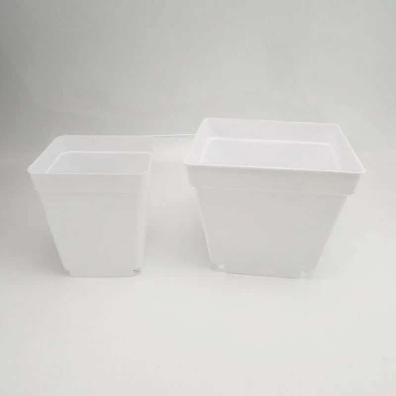 Mini square plastic flower pot planters, white pair with open tops