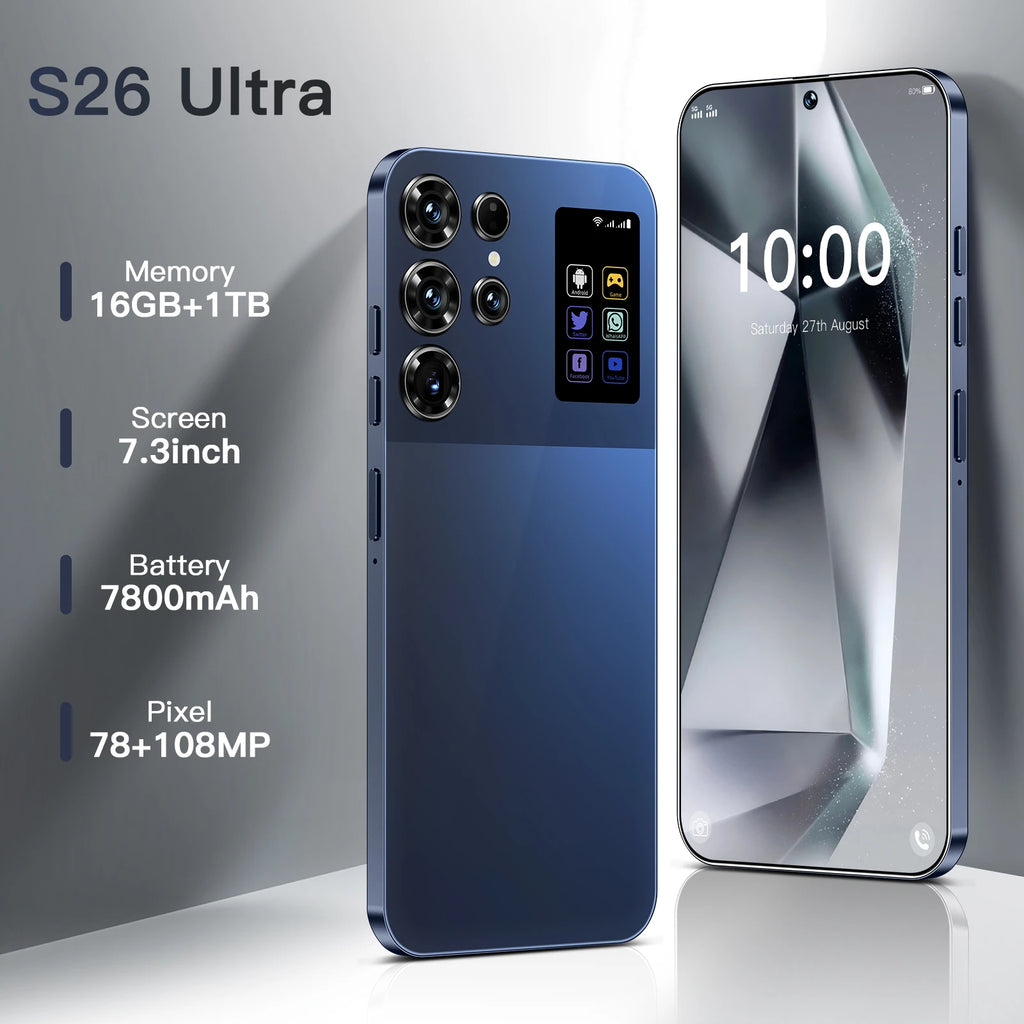 2025 S26 Ultra Android 14 smartphone with 7.3 inch HD screen and 108MP camera, showing side profile view