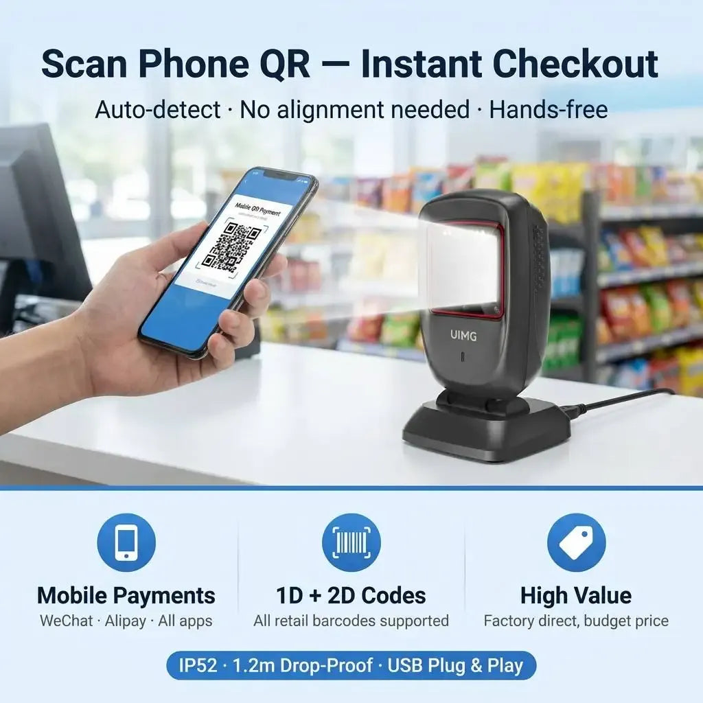 2D QR code scanner on base scanning a phone QR code for mobile checkout