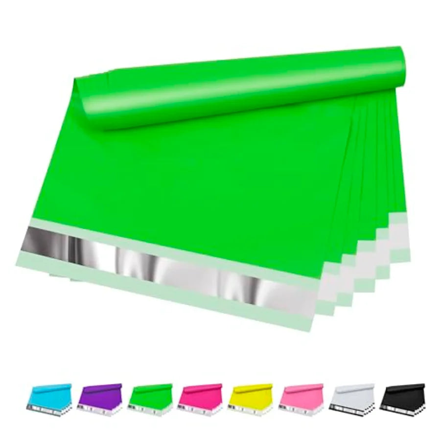 Green waterproof poly mailer with self-sealing flap, 10x13 shipping bag